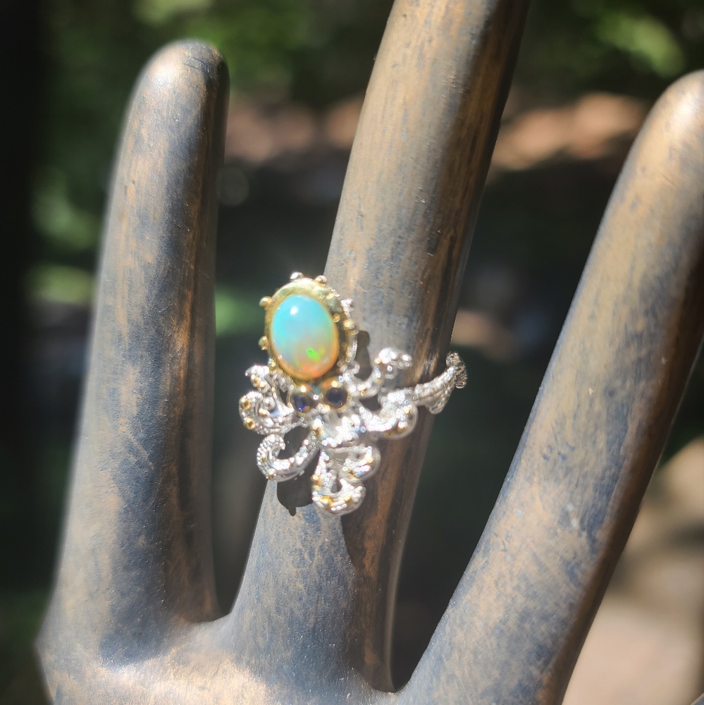 Opal & Sapphire Sterling & gold baby Octopus ๐ ring sz7.5 - Picture 3 of 7